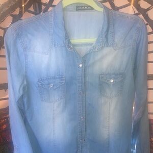 Zara Light Blue pearlsnap Denim Shirt